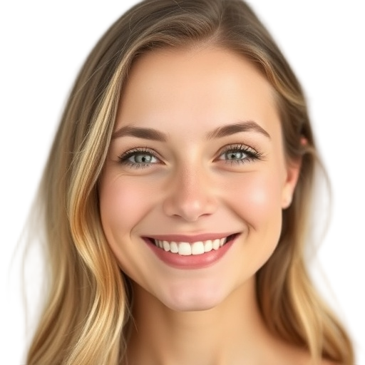 A woman smiling softly to the camera with a white background looking like