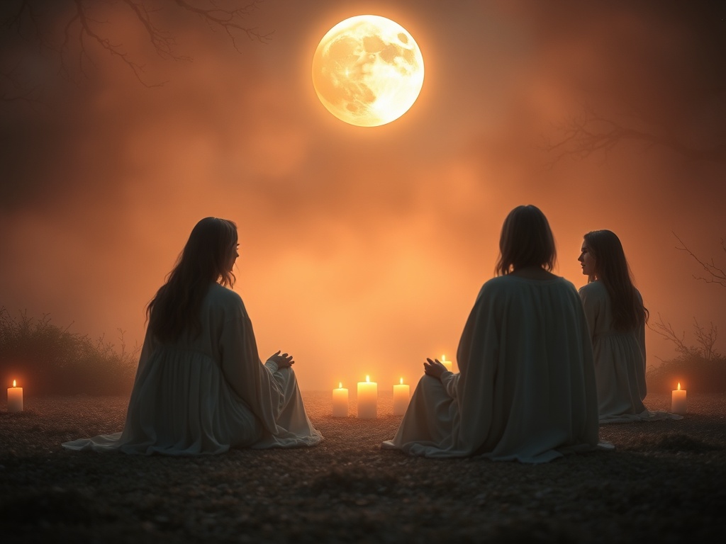 "Warm moonlit sanctuary with five women in soft flowing robes seated in a circle, gentle candles, subtle crescent and full-moon light, serene embodied grounding, glowing mist, intimate sisterhood, soft focus." "Create an image WITHOUT ANY text of