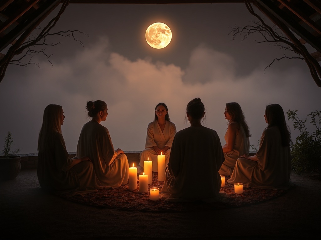 "Warm moonlit sanctuary with five women in soft flowing robes seated in a circle, gentle candles, subtle crescent and full-moon light, serene embodied grounding, glowing mist, intimate sisterhood, soft focus." "Create an image WITHOUT ANY text of