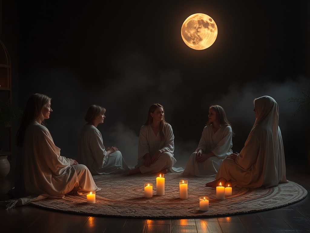 "Warm moonlit sanctuary with five women in soft flowing robes seated in a circle, gentle candles, subtle crescent and full-moon light, serene embodied grounding, glowing mist, intimate sisterhood, soft focus." "Create an image WITHOUT ANY text of
