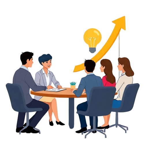 "small group" "business meeting" "light bulb" "open door" "growth arrow"