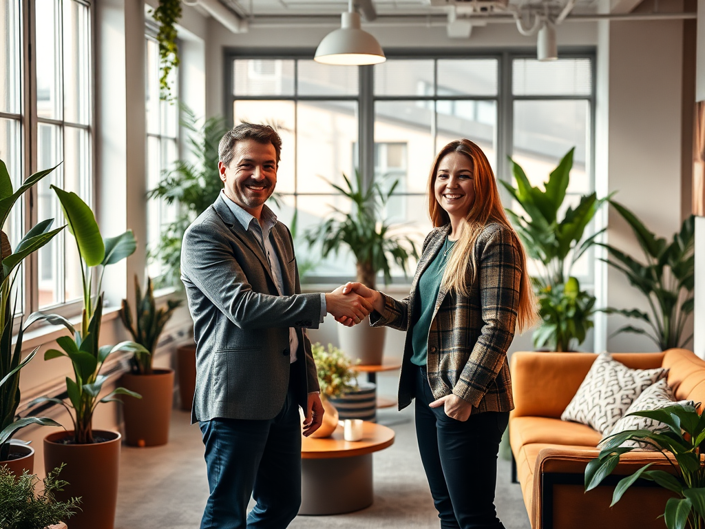 "A warm, inviting office space" "two people shaking hands with smiles" "soft natural lighting" "plants and cozy furniture" "calm, motivational atmosphere"