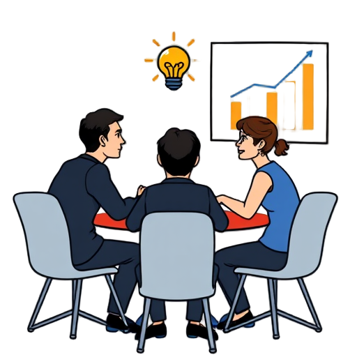 "group meeting" "business growth" "brainstorm session" "small team" "light bulb" "strategy chart"