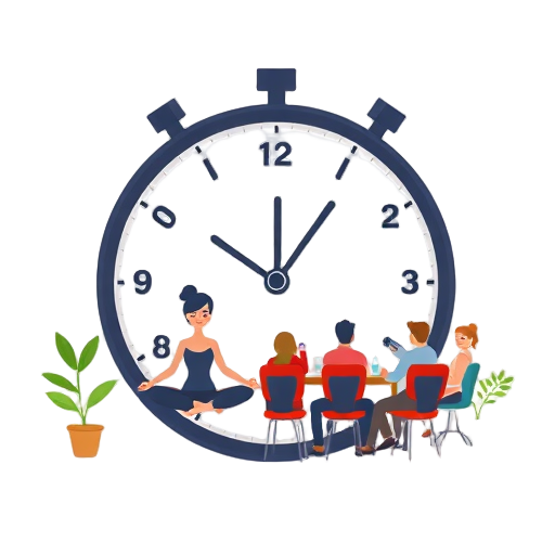 "clock" "calendar" "yoga pose" "meditation" "group meeting" "networking" "workshop" "relaxing lounge"