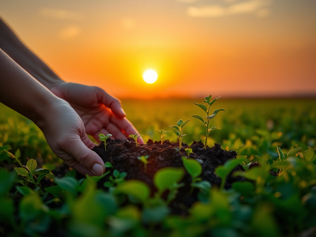 "sunrise over lush green field" "young plants sprouting" "hands gently nurturing soil" "soft glowing light" "vibrant growth and energy"