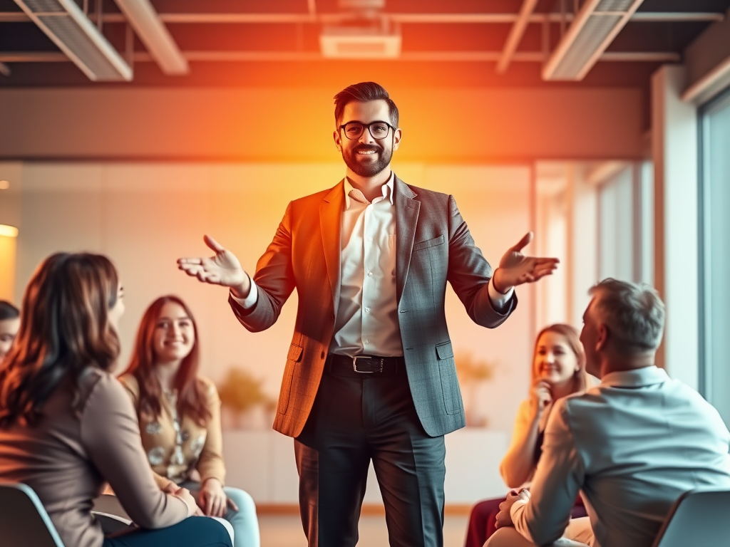 A confident leader standing before an engaged team, vibrant light symbolizing communication, warm colors, dynamic body language, collaborative atmosphere, modern office background.