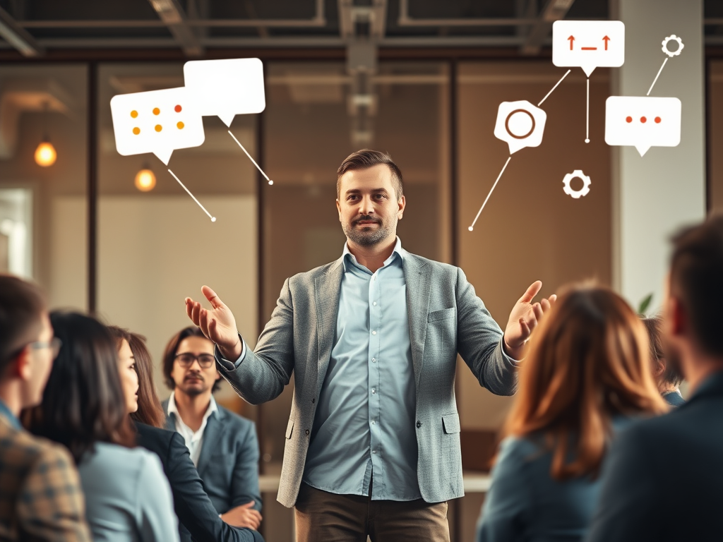 A confident leader standing before an inspired team, dynamic speech gestures, warm glowing light, symbols of communication like speech bubbles and connection lines, modern office background.