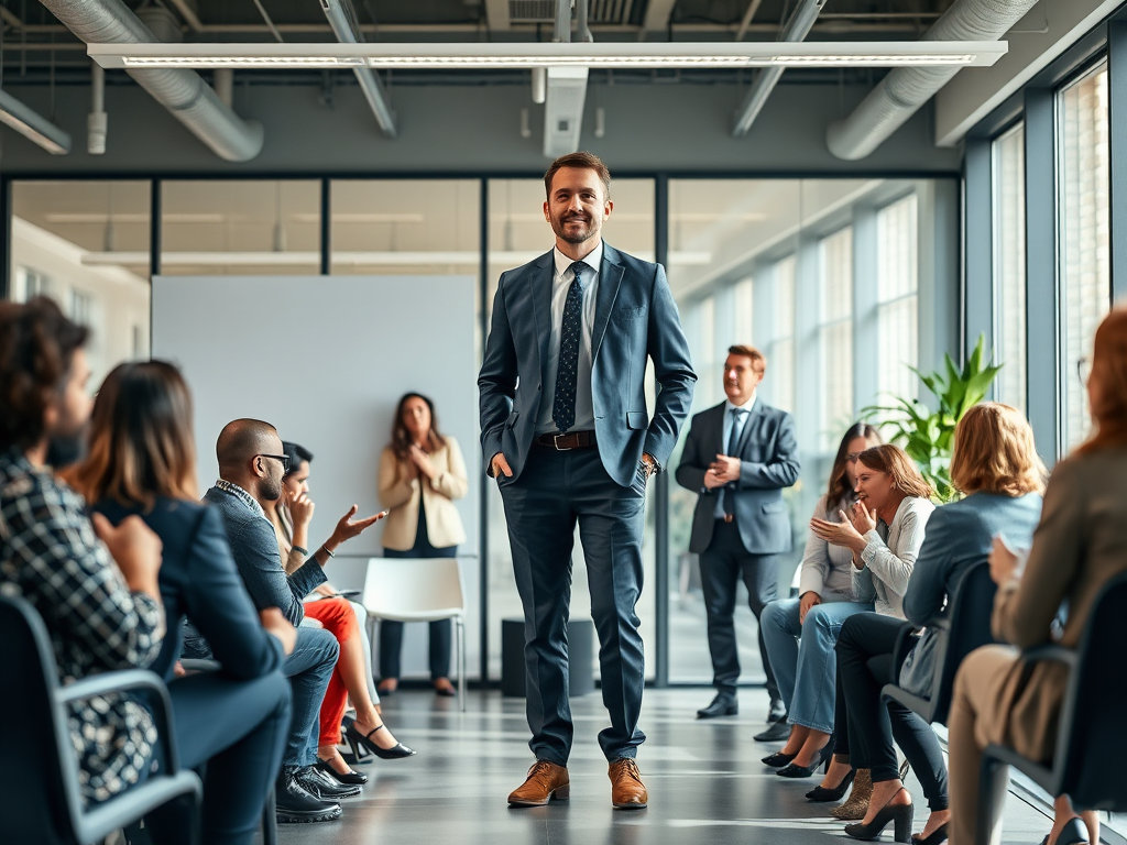 A confident leader standing before an engaged team in a modern office, bright natural light, diverse group, dynamic gestures, inspiring atmosphere, growth symbols subtly integrated.
