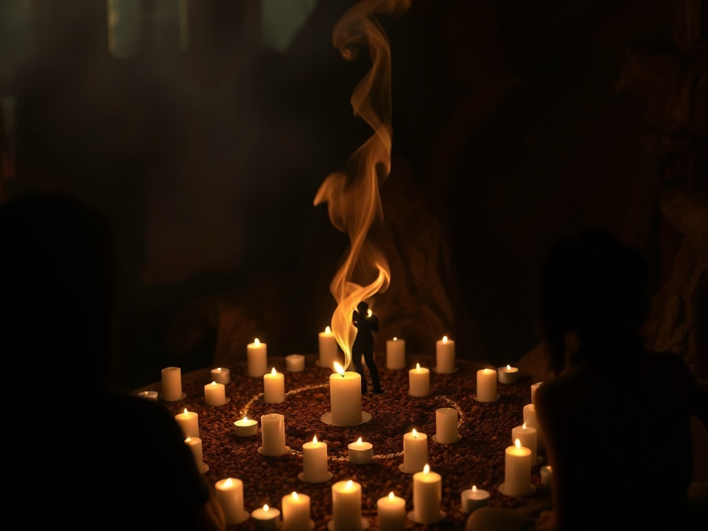 A serene candlelit cacao ritual circle, soft cacao brown steam forms a glowing kundalini spiral, silhouettes in embrace.