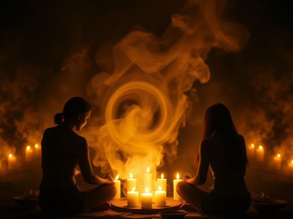 A serene candlelit cacao ritual circle, soft cacao brown steam forms a glowing kundalini spiral, silhouettes in embrace.