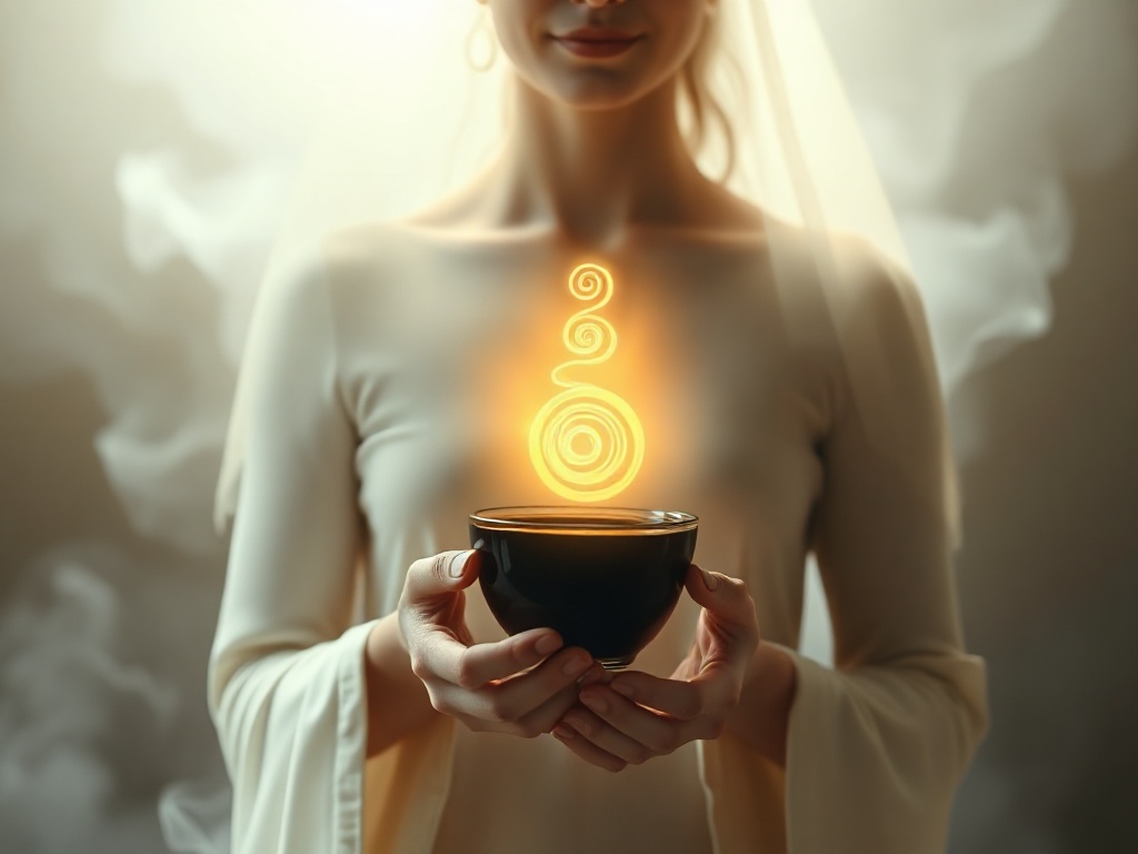 A calm inner-healer figure holding a dark cacao chalice, golden Kundalini spiral energy rising from chest, soft misty sanctuary, serene light, abstract."