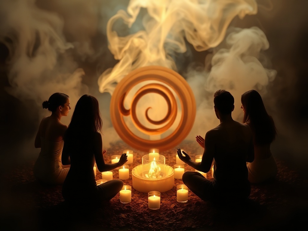A serene candlelit cacao ritual circle, soft cacao brown steam forms a glowing kundalini spiral, silhouettes in embrace.