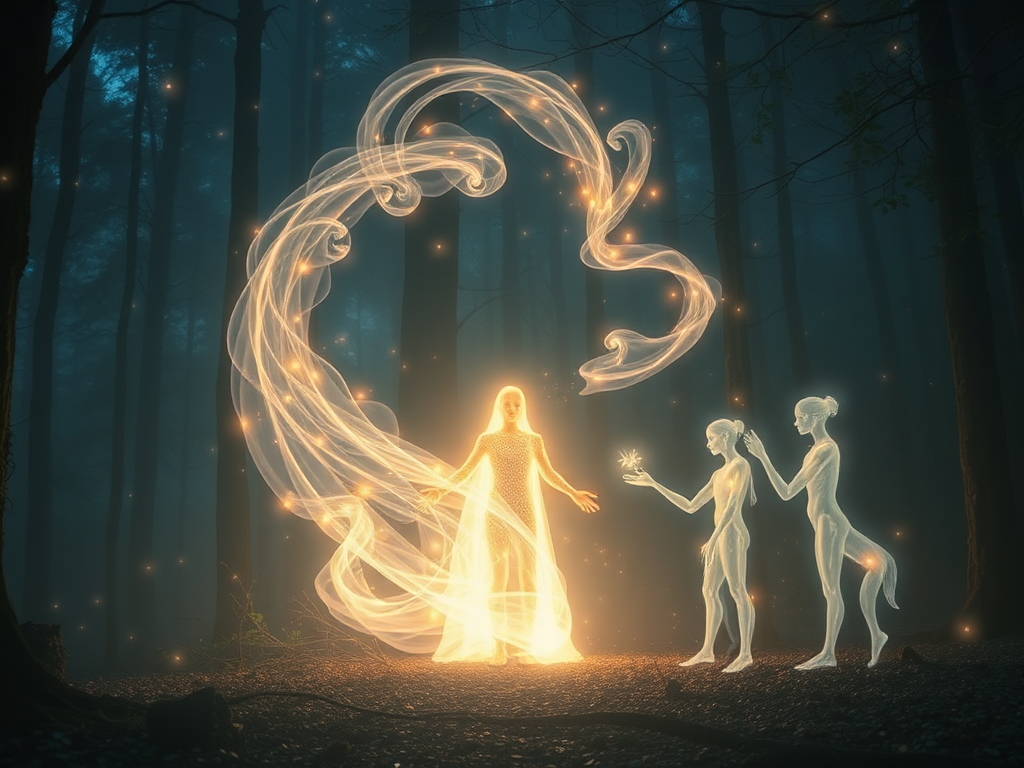 Een gloeiende figuur in een mystiek bos omringd door geesten.