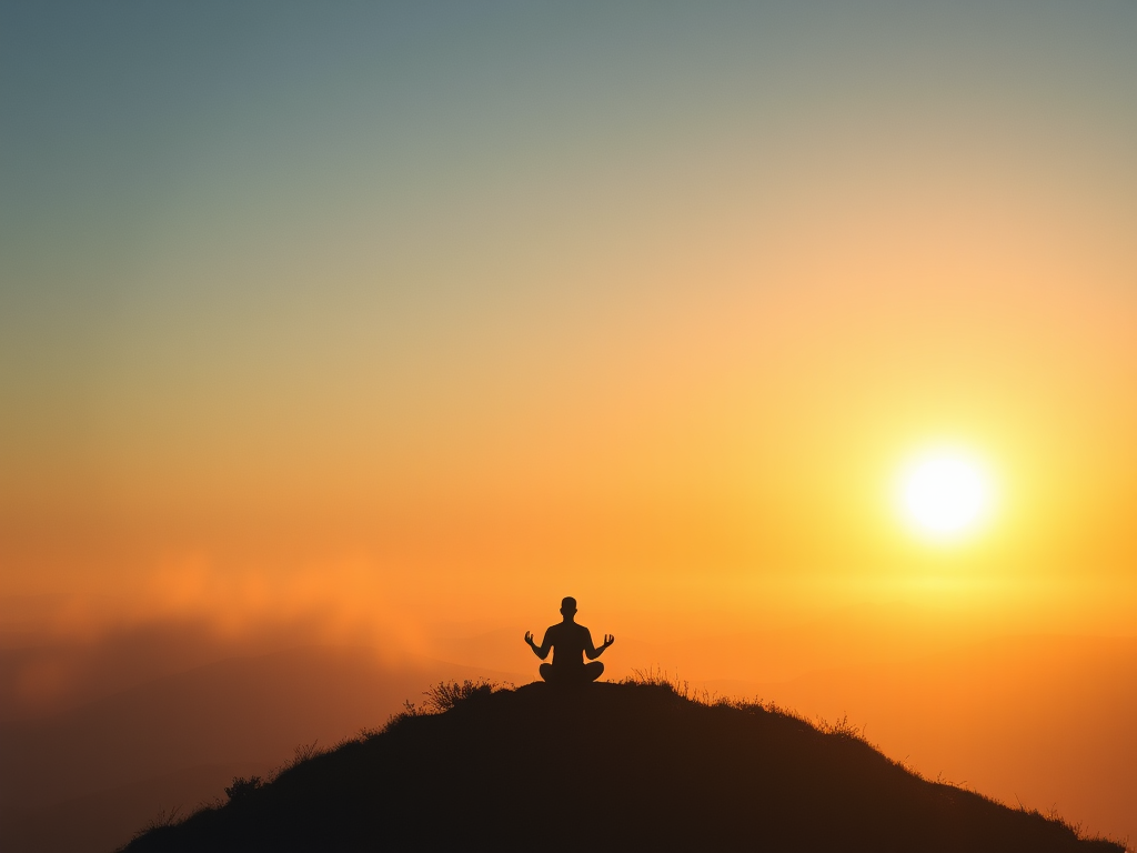 Een mediterende figuur op een heuvel bij zonsondergang.