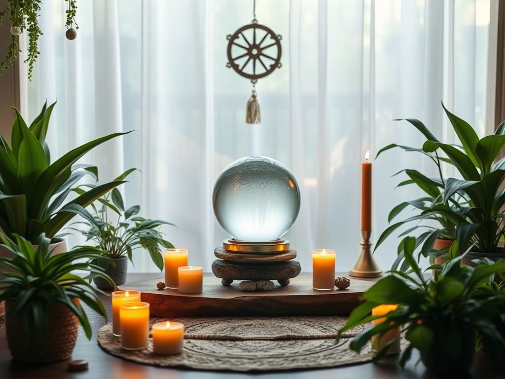 Een serene meditatieruimte met een glazen bol en kaarsen.