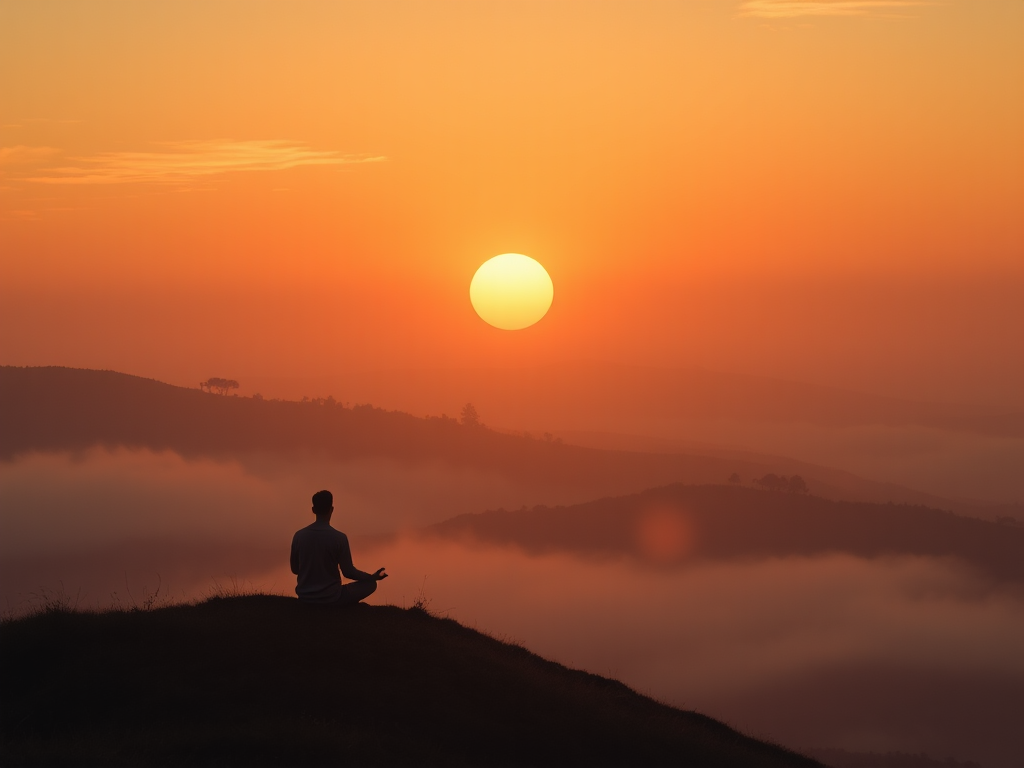 Een mediterende figuur op een heuvel bij zonsopgang.