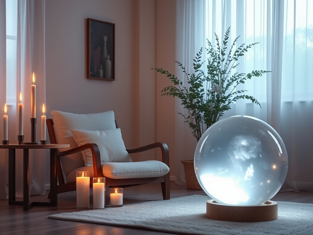 Een rustige kamer met zachte verlichting en een kristallen bol.