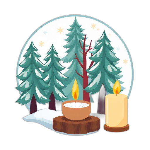 Candle in a winter forest setting.