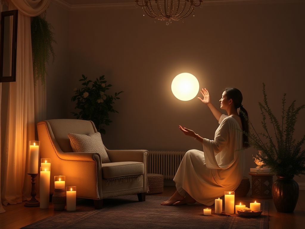 Een serene kamer met zachte verlichting en een mediterende vrouw.