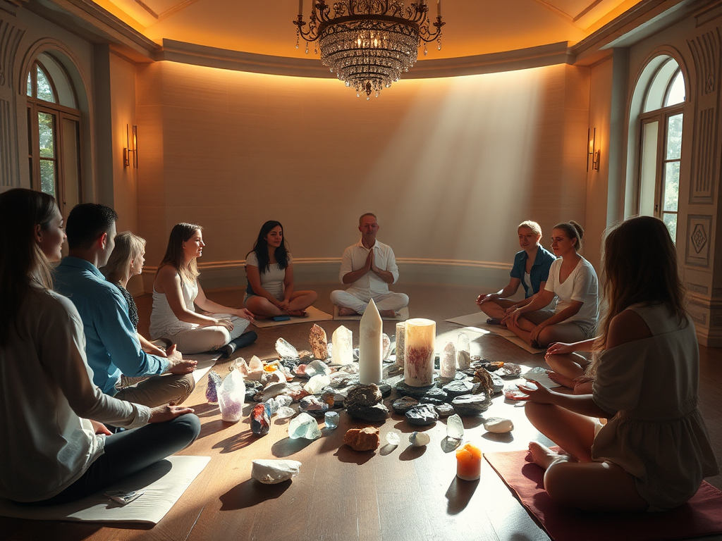 Een serene meditatieruimte met deelnemers in een cirkel.