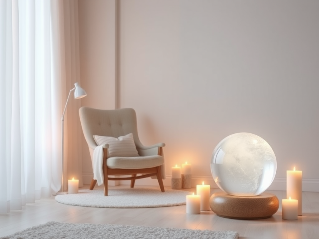 Een serene kamer met zachte verlichting en een kristallen bol.