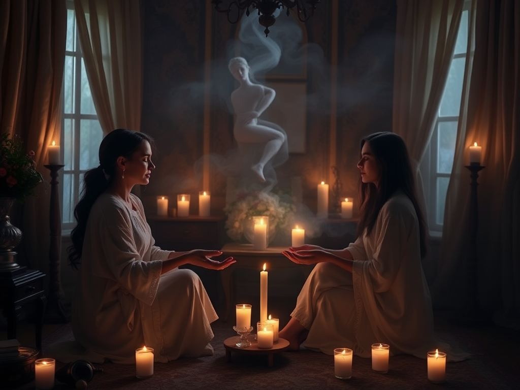 Een serene kamer met kaarslicht en drie mediums in cirkel.