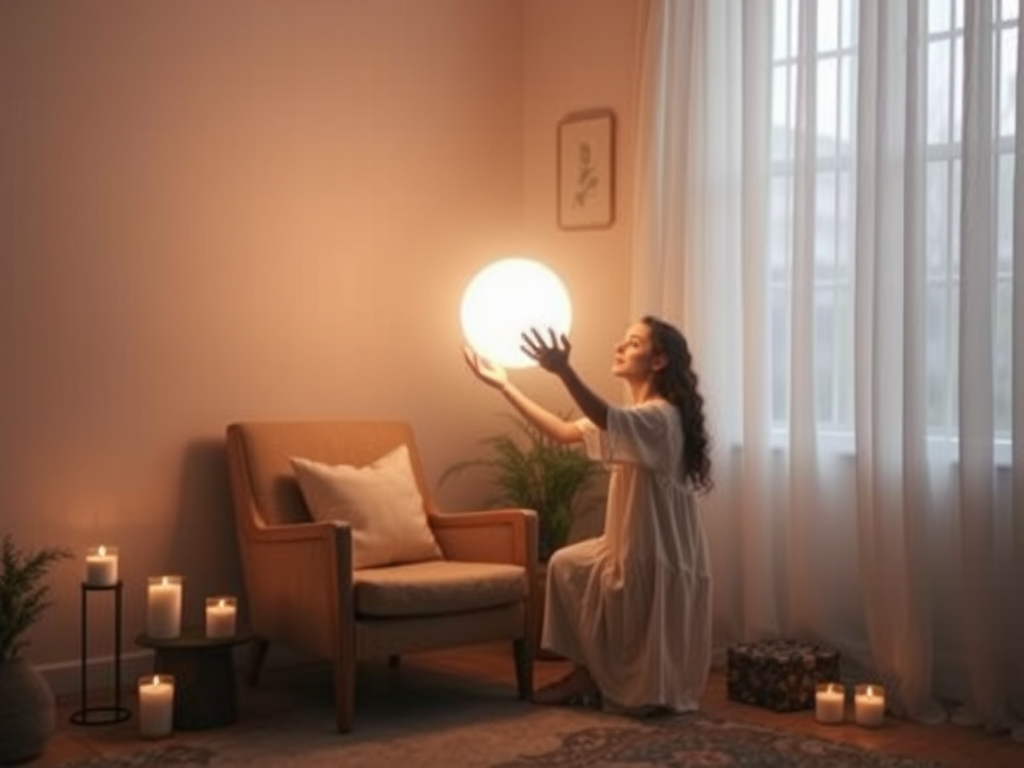Een serene kamer met zachte verlichting en een lichtgevende orb.