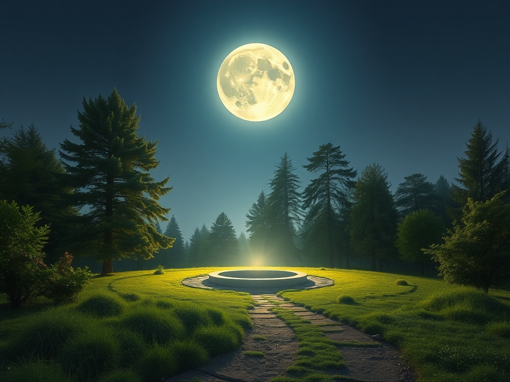 Een serene landschap met een volle maan en meditatiecirkel.