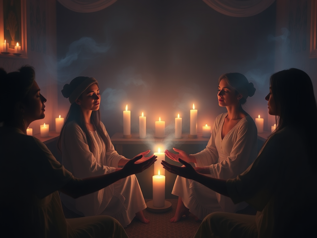 Een serene kamer met mediums in een cirkel, omringd door kaarslicht.