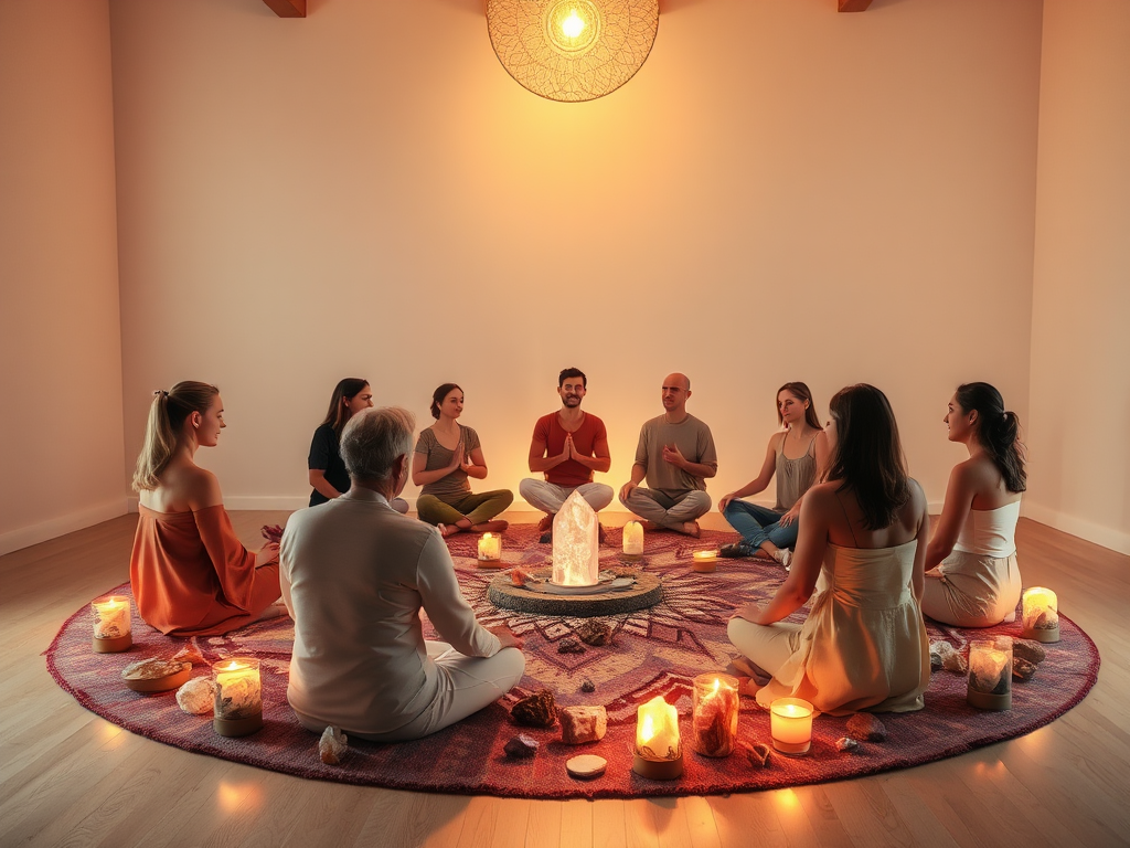 Een serene meditatieruimte met deelnemers in een cirkel.