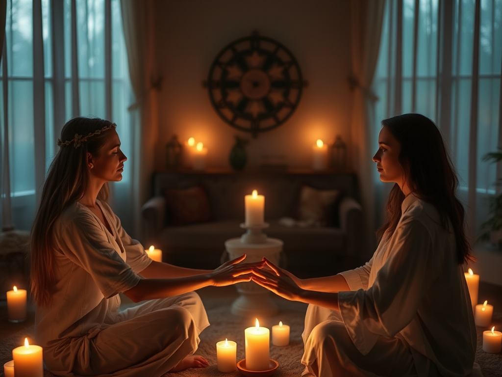 Een serene kamer met mediums in een cirkel, omringd door kaarslicht.