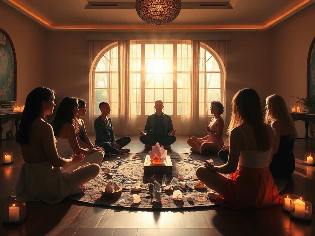 Een serene meditatieruimte met deelnemers en kristallen.