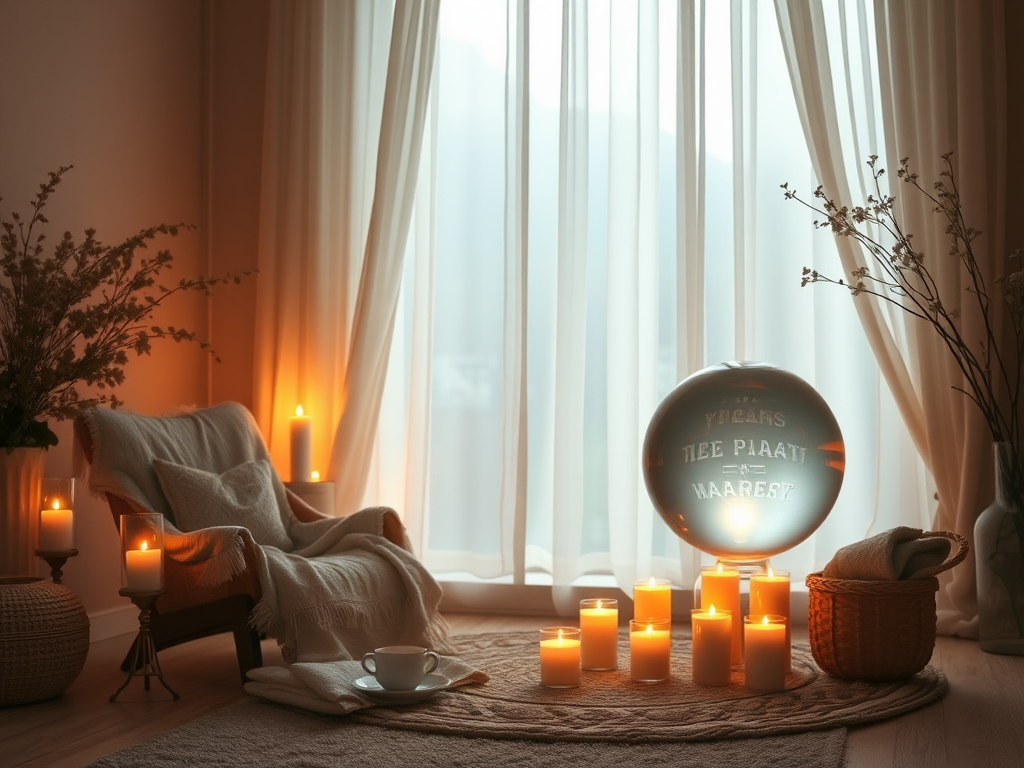 Een serene kamer met zachte verlichting en een kristallen bol.