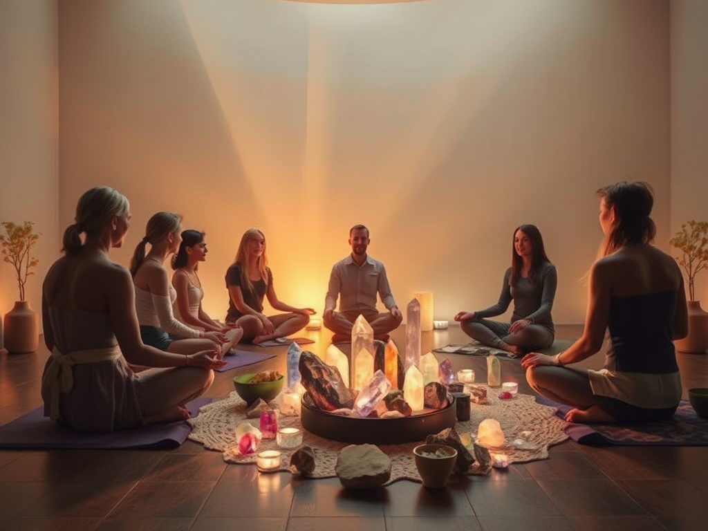 Een rustige meditatieruimte met deelnemers in een cirkel.