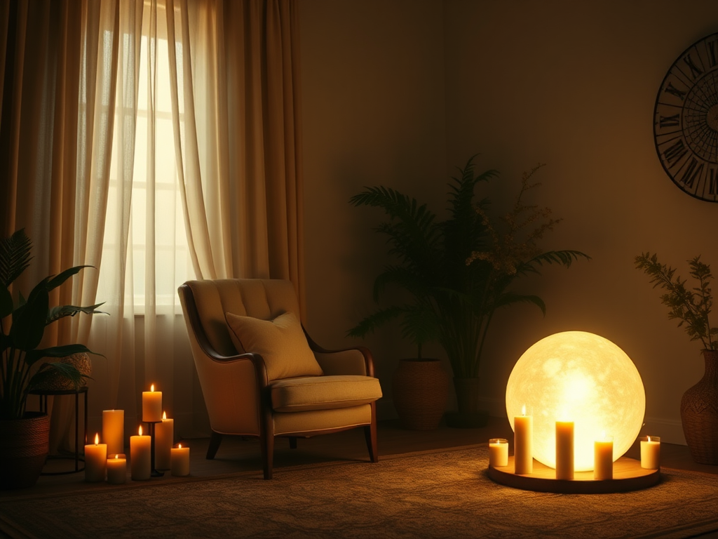 Een rustige kamer met zachte verlichting en een gloeiende bol.