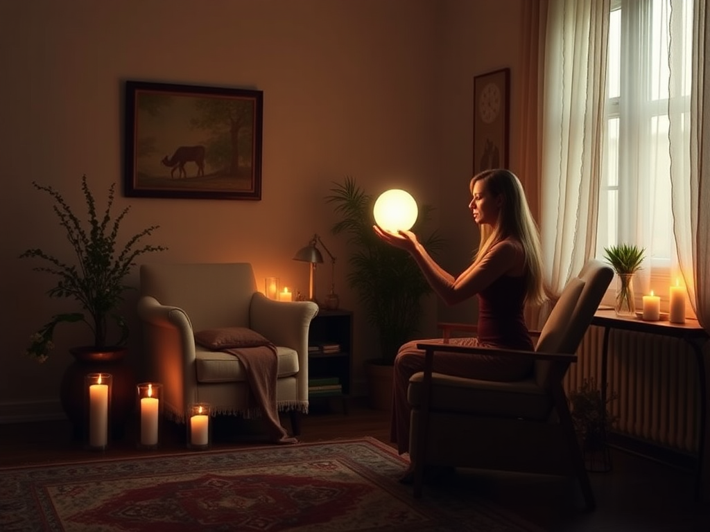 Een rustige kamer met zachte verlichting en een gloeiende orb.
