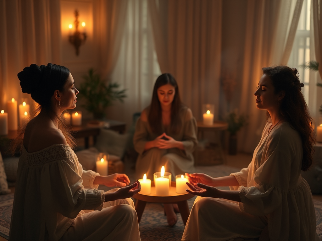 Een serene kamer met kaarslicht en drie mediums in cirkel.