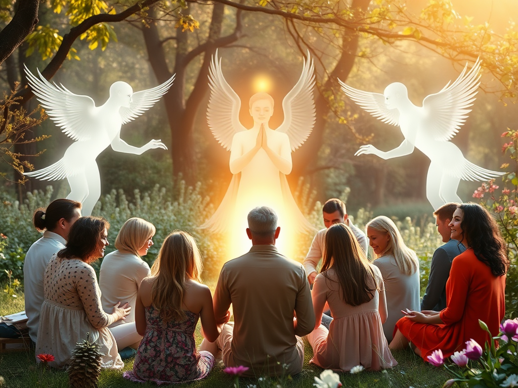 "a diverse group of people sitting in a circle" "soft glowing light surrounding them" "ethereal spirit guides appearing as gentle, translucent figures" "warm, serene atmosphere with calming colors" "nature elements like trees and flowers in the background