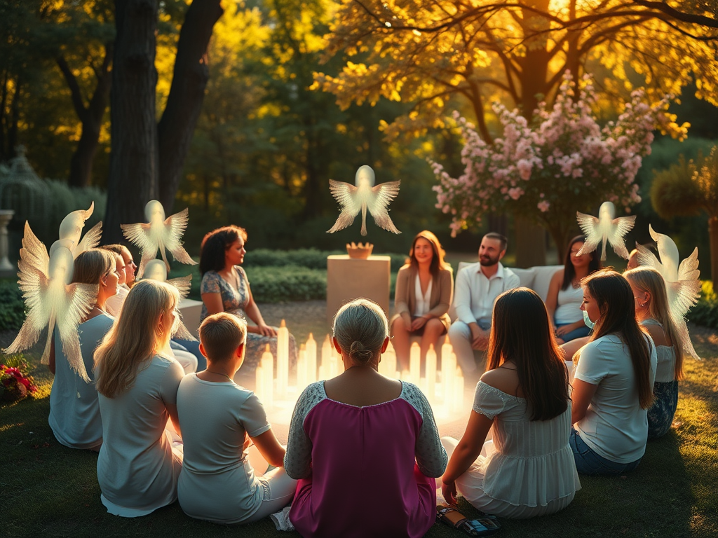 "a diverse group of people sitting in a circle" "soft glowing light surrounding them" "ethereal spirit guides appearing as gentle, translucent figures" "warm, serene atmosphere with calming colors" "nature elements like trees and flowers in the background