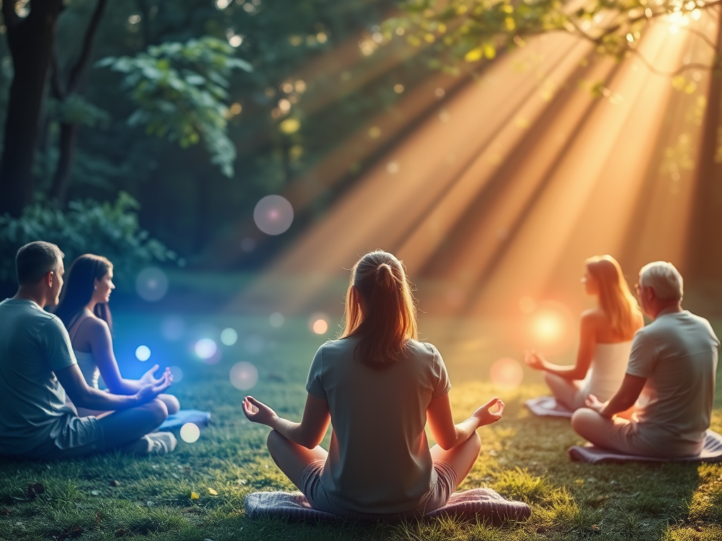 "a serene group meditation circle" "soft glowing orbs representing spirit guides" "calm natural setting with gentle light beams" "people sitting peacefully in a harmonious vibe" "subtle aura colors blending into the background"