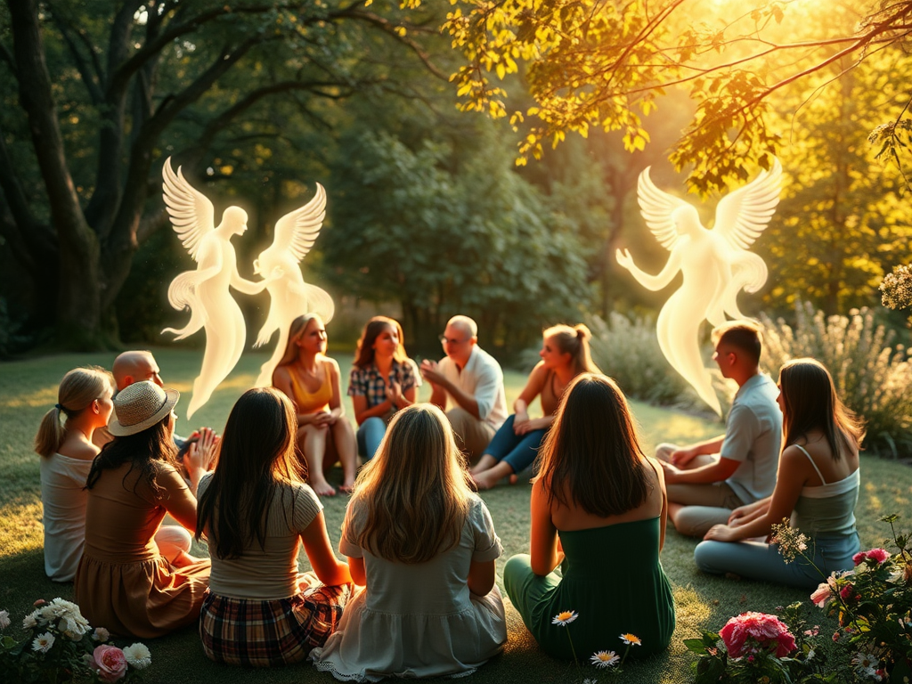 "a diverse group of people sitting in a circle" "soft glowing light surrounding them" "ethereal spirit guides appearing as gentle, translucent figures" "warm, serene atmosphere with calming colors" "nature elements like trees and flowers in the background