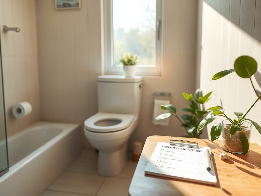 A peaceful bathroom scene with a sleek toilet, a natural light window, a checklist on a wooden table, soft green plants, gentle morning sunlight, warm cozy atmosphere.