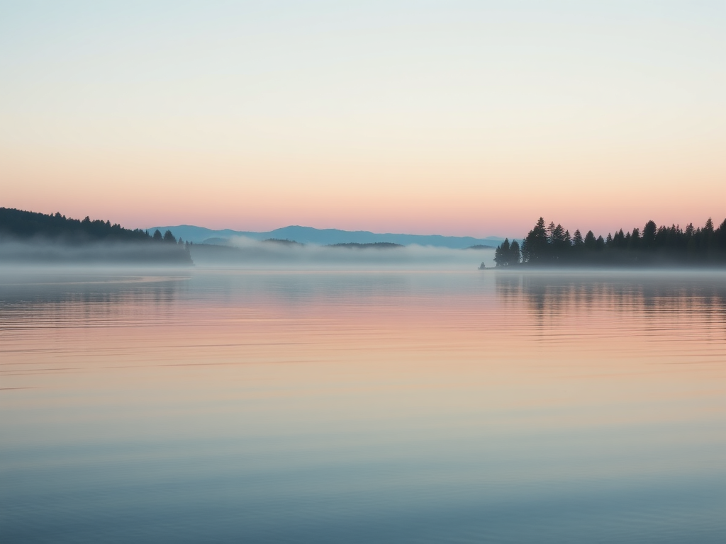 A serene lake at dusk, "calm water reflecting pastel sky," "silhouetted trees," soft mist, gentle ripples, "peaceful, tranquil atmosphere." This image is intended for use as a background, so ensure a balanced composition. You MUST not include ANY brand im
