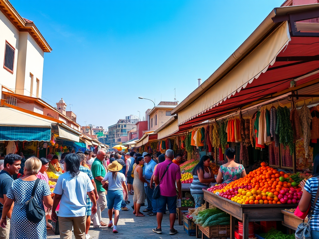 Drukke markt met kleurrijke kraampjes en mensen.