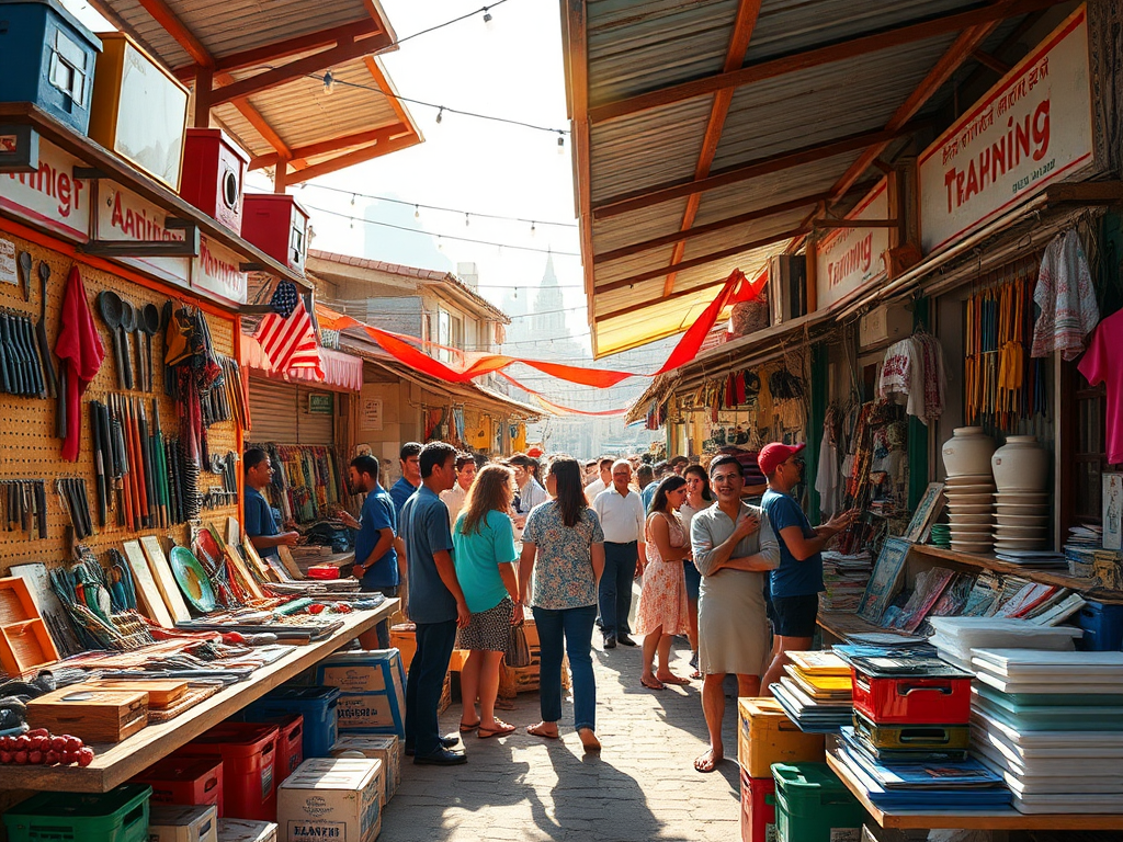 Een levendige markt met kleurrijke kraampjes en enthousiaste mensen.