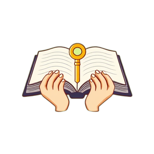 Open boek met een gouden sleutel en handen.