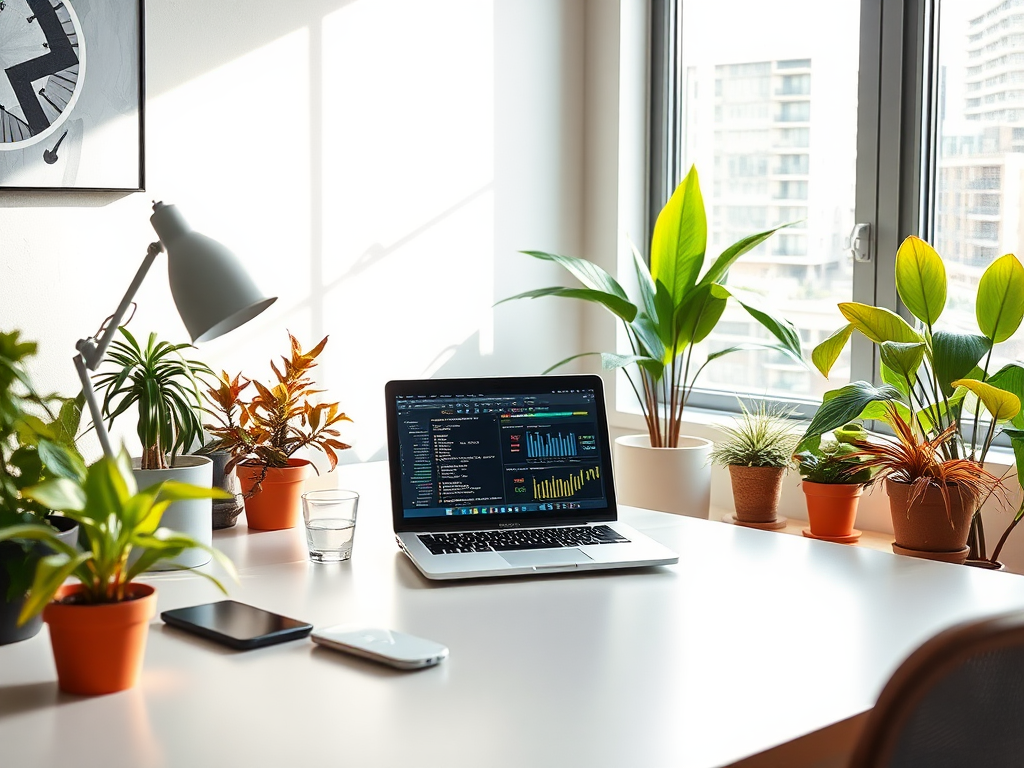 Modern werkruimte met laptop, planten en natuurlijk licht.