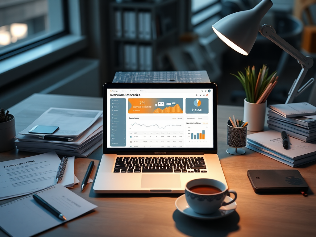 Een modern kantoor met een open laptop en trainingsmaterialen.