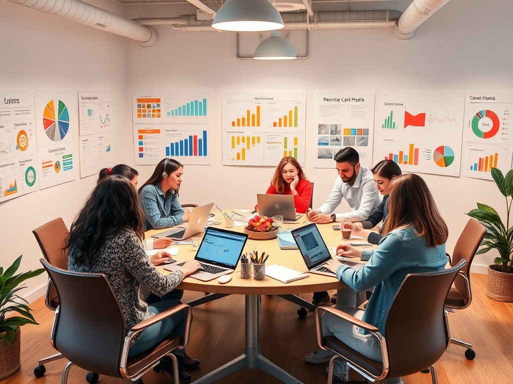 Een levendige werkruimte met diverse recruiters aan een tafel.