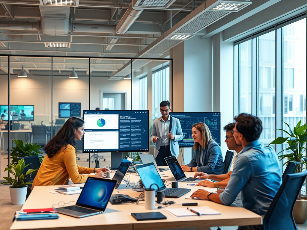 "modern office setting" with "diverse professionals collaborating" around "laptops and digital screens" showing "AI recruitment workflows", "bright natural light", and "organized workspace".